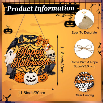 12x12in Halloween Wooden Wreath, Ghost Pumpkin Black Cat Happy Halloween Door Decor
