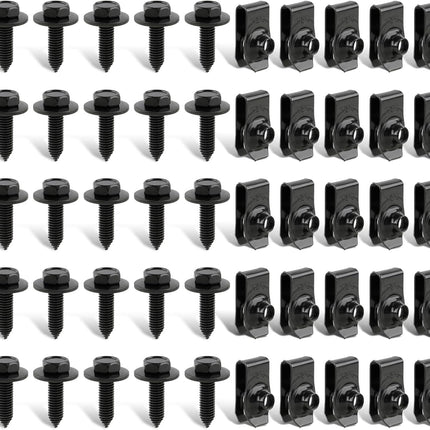 50-Piece Body Fastener Kit, 25 Bolts & 25 U-Nut Clips for Fender & Engine