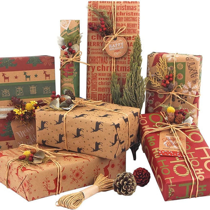 12 Sheets Christmas Wrapping Paper – 6 Vintage Kraft Designs with Tags & String
