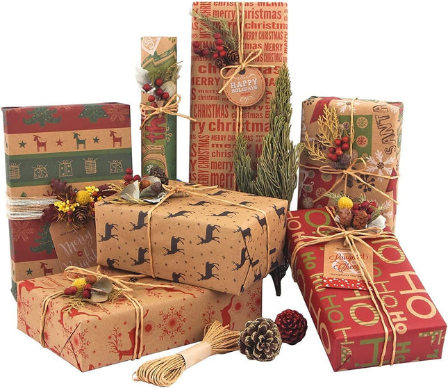 12 Sheets Christmas Wrapping Paper – 6 Vintage Kraft Designs with Tags & String