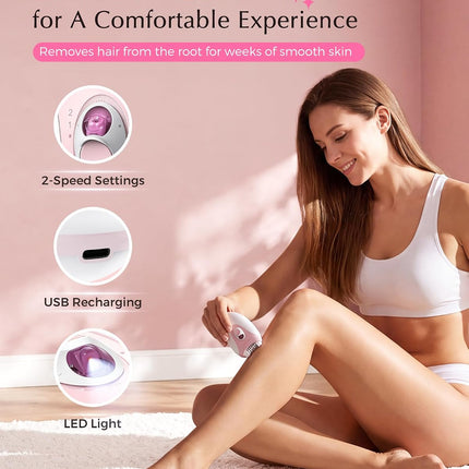 2-Speed Cordless Epilator for Women, 36 Tweezers, LED Light, Facial & Body Hair Removal