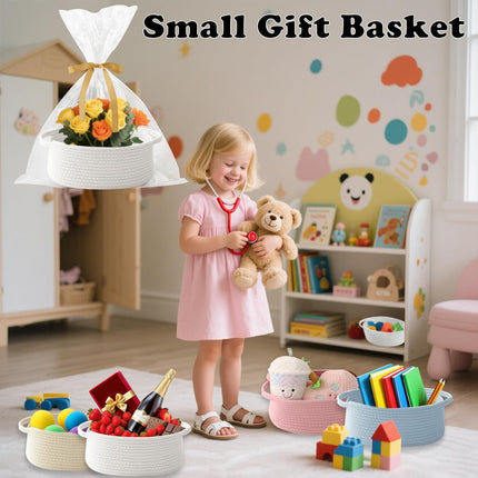 Small White Woven Rope Basket with Handles, Bag & Ribbons for Gifts