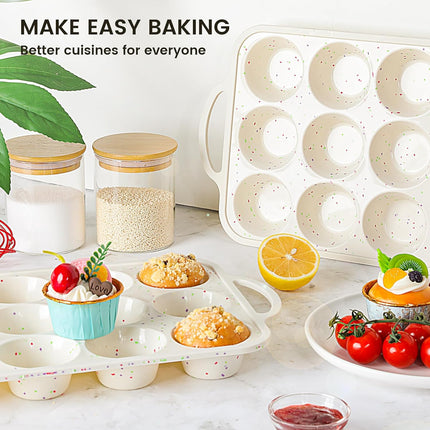 12 Cup Silicone Muffin Pan Metal Frame BPA Free Cupcake Baking Tray Cream