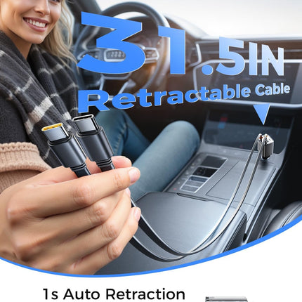Retractable Car Charger – 4 in 1, USB C Fast Charging, Dual Type C for iPhone & More