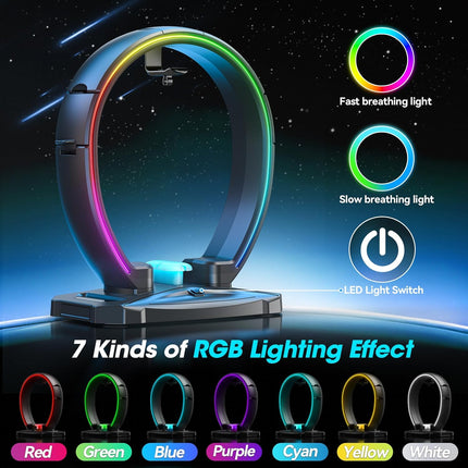 RGB Headphone and Controller Stand Foldable with 9 Light Modes Desk Holder