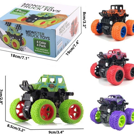 Monster Truck Toys 4 Pack Push Go Stunt Cars Friction Powered Kids Ages 3-8