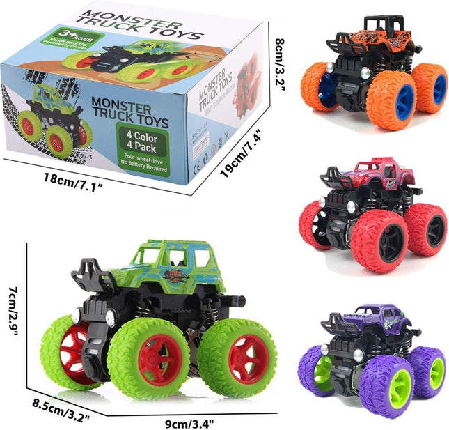 Monster Truck Toys 4 Pack Push Go Stunt Cars Friction Powered Kids Ages 3-8