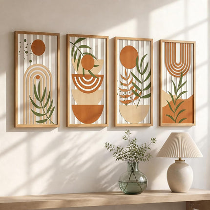 Bohemian Wall Art Set of 4, Abstract Geometric Plant Pattern, Warm Tone Decor