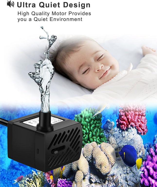 50GPH 3W Mini Submersible Water Pump with 3.3FT Tubing for Aquarium, Pond & Fountain