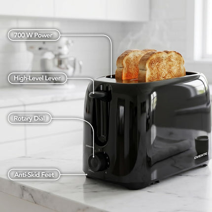 700W 2 Slice Electric Toaster Black TP2210B with 6 Shade Settings Removable Crumb Tray
