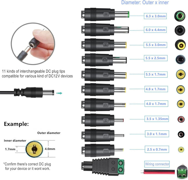 Universal AC Adapter 12V 2A, 11 DC Plug Tips, 24W Power Supply, AC110V to DC12V