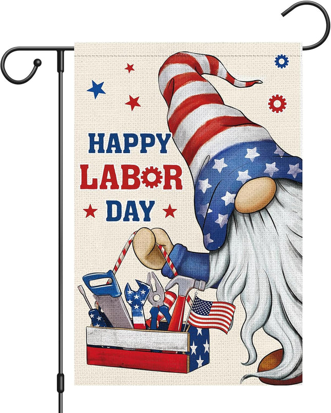 Happy Labor Day Gnome Garden Flag 12x18 Double Sided Burlap USA Flag Only