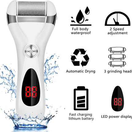 Rechargeable Electric Foot Callus Remover, 3 Grinding Heads, Waterproof Pedicure Tool for Dry Skin