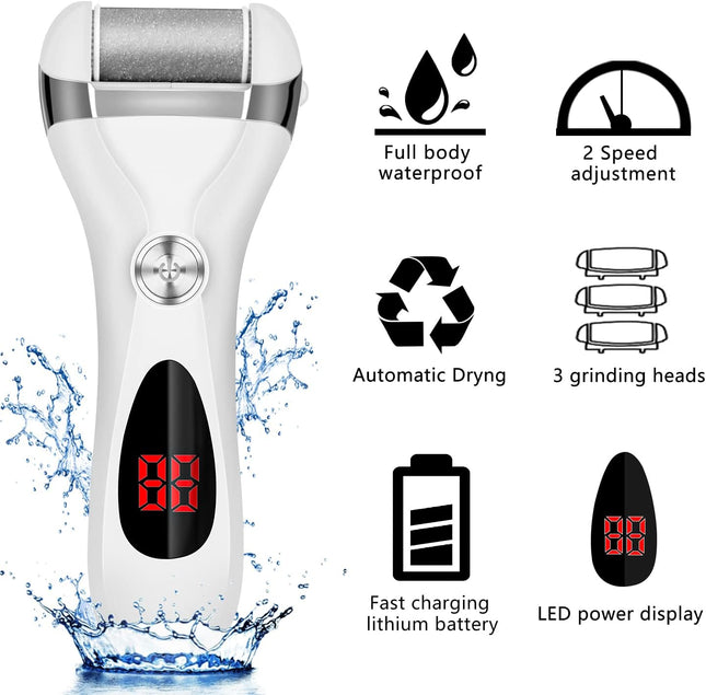 Rechargeable Electric Foot Callus Remover, 3 Grinding Heads, Waterproof Pedicure Tool for Dry Skin
