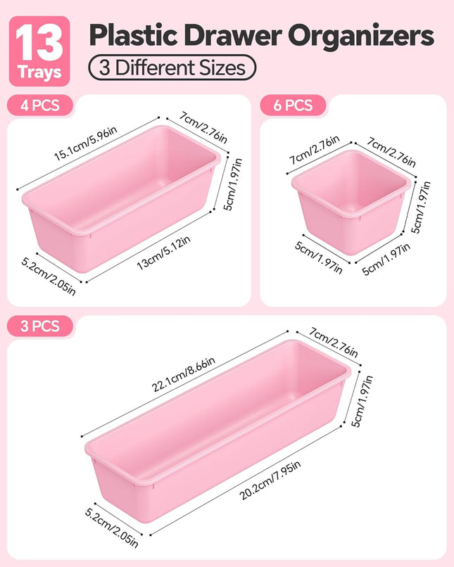 13 Pack Pink Drawer Organizer Set, 3 Sizes Storage Trays for Home & Office