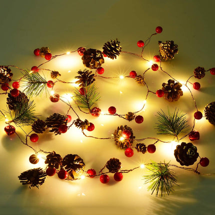 6.7FT Christmas Garland with 20 LED Lights – Red Berries & Pine Cones, Battery Operated