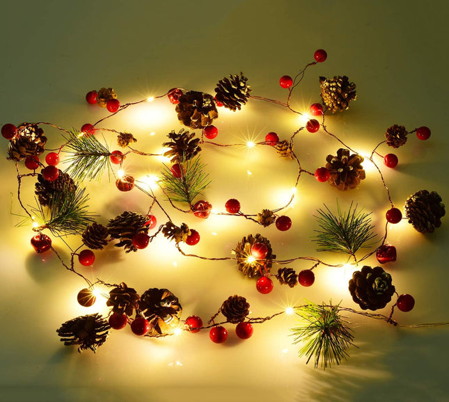6.7FT Christmas Garland with 20 LED Lights – Red Berries & Pine Cones, Battery Operated