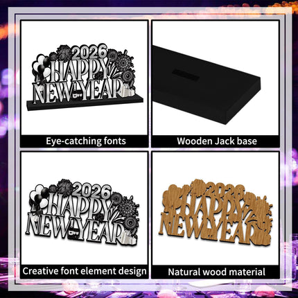 4-Piece NYE Wooden Table Decorations – Black & Silver 2026 Party Centerpieces