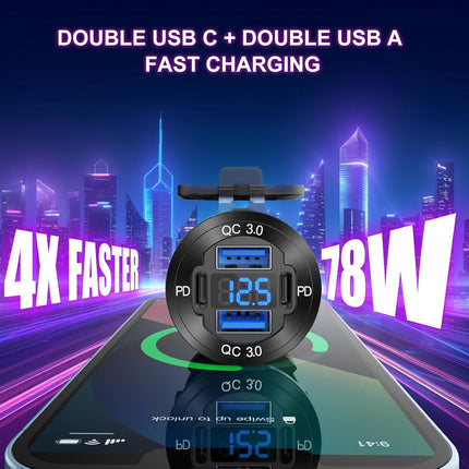 Upgraded 4-Port 12V USB Charger – Dual PD & QC, Voltmeter for Car, Boat, RV, Motorcycle