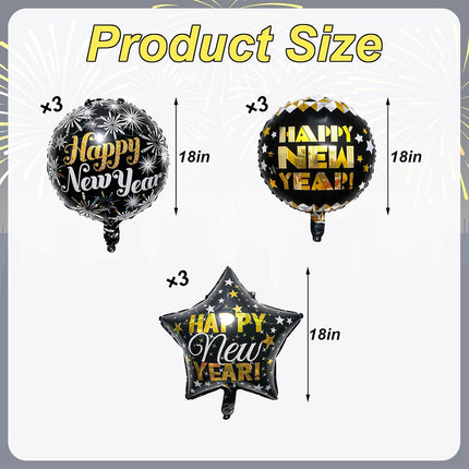 Happy New Year 2026 Balloon Kit – 9-Pc 18in Black & Gold Party Balloons