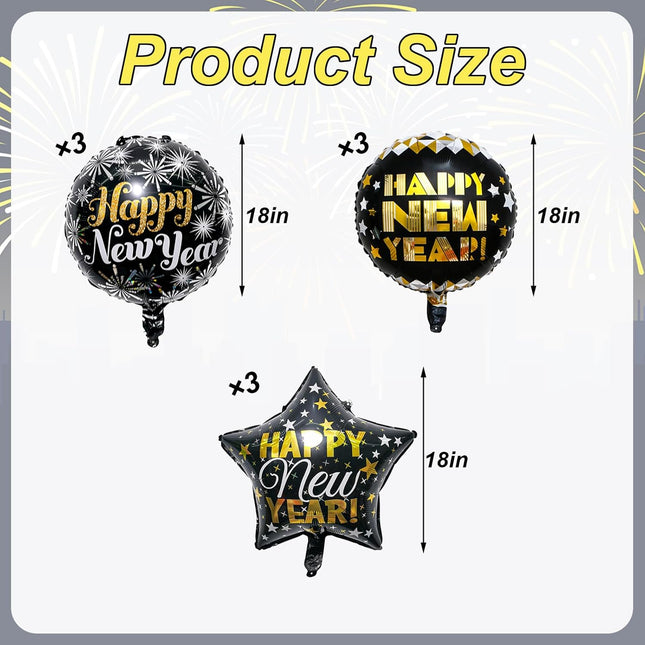 Happy New Year 2026 Balloon Kit – 9-Pc 18in Black & Gold Party Balloons