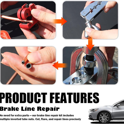 25Ft 1/4" & 3/16" Brake Line Kit, Flaring Tool Kit, 32 Inverted Fittings Repair Set