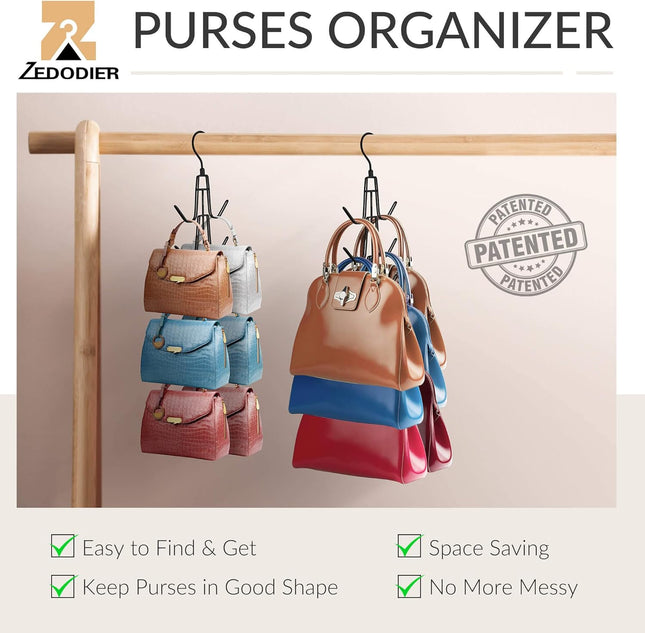 2 Pack Purse Organizer for Closet, Hanging Holder for Up to 12 Bags, Black