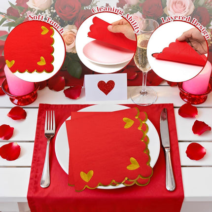48 Pcs Valentine’s Day Cocktail Napkins: Scalloped Heart Paper Napkins with Gold Foil
