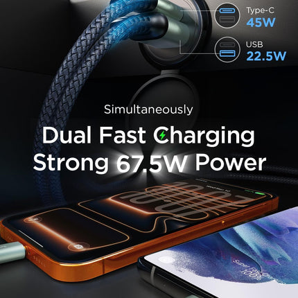67.5W Car Charger, PD & QC Fast Charging USB-C Adapter for iPhone & Samsung