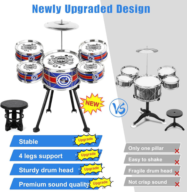 8-Piece Kids Drum Set, Blue, Musical Toy for Toddlers & Beginners