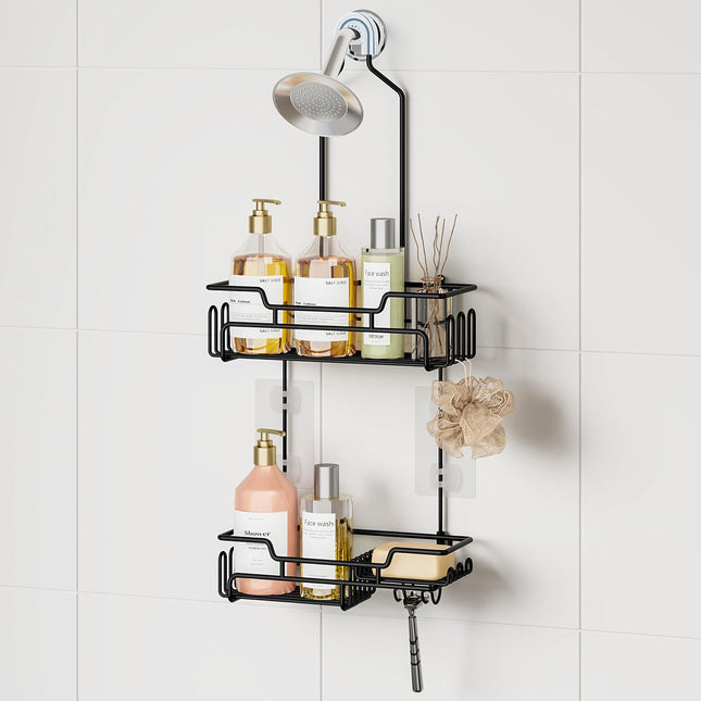 Black Stainless Steel Hanging Shower Caddy 2-Tier Rack with 14 Hooks and Soap Dish