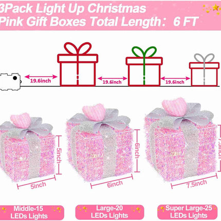 3-Pack Lighted Christmas Gift Boxes – Timer & 8 Modes, Pink Hearts with Silver Glitter Bow