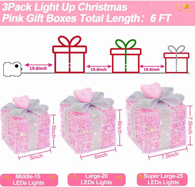 3-Pack Lighted Christmas Gift Boxes – Timer & 8 Modes, Pink Hearts with Silver Glitter Bow