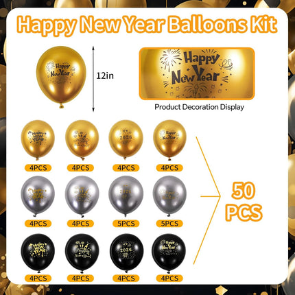 50-Pc 2026 New Year Balloons – Latex Balloons for NYE Party Garland & Arch