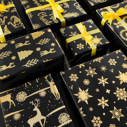 Christmas Wrapping Paper Black Gold 6 Sheets Metallic Foil with 4 Ribbons