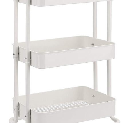 3-Tier White Rolling Metal Utility Cart with Lockable Wheels, Mesh Shelves and Storage Bins