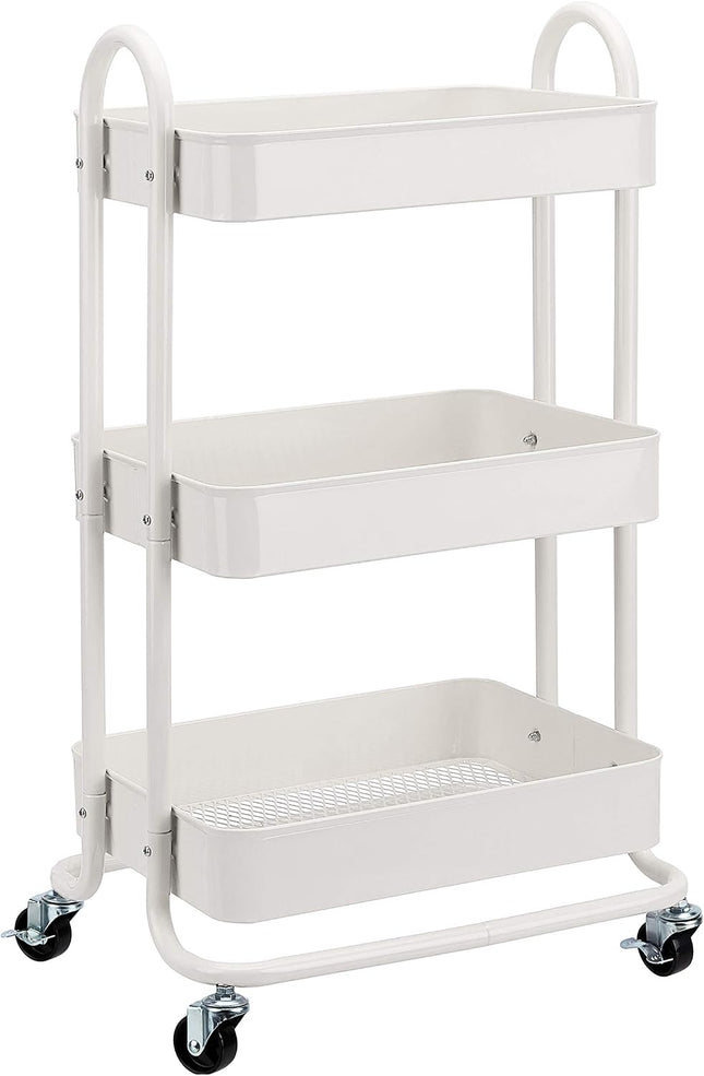 3-Tier White Rolling Metal Utility Cart with Lockable Wheels, Mesh Shelves and Storage Bins