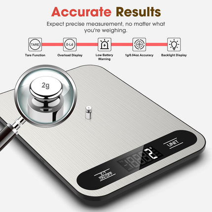 22lb Digital Kitchen Scale with LCD Display, Stainless Steel, Tare Function
