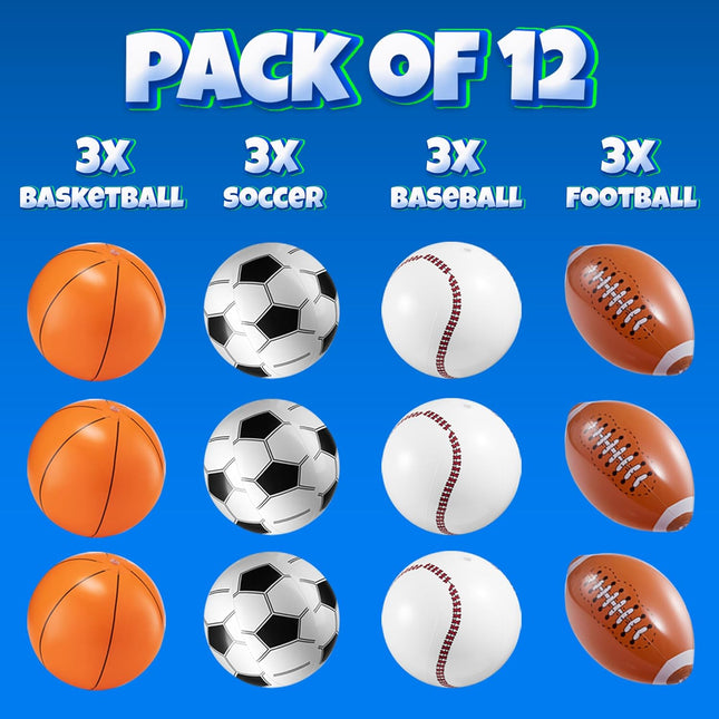 16" Inflatable Sports Beach Balls – 12 Pack, 4 Sports for Parties & Pool