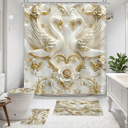 4 Pc White Swan Rose Bathroom Set, Shower Curtain, Bath Mat, Toilet Cover & Hooks