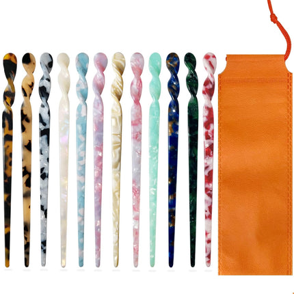 12PCS Acetate Hair Sticks, Tortoise Shell Chinese Hair Pins, 12 Unique Styles for Buns