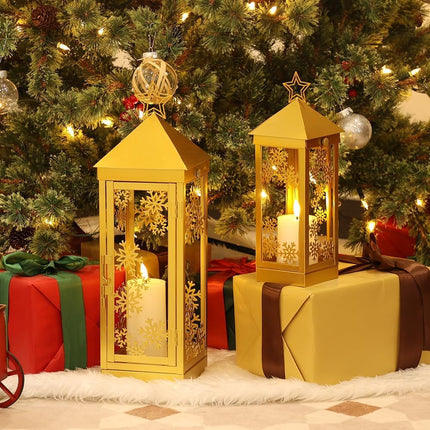 Christmas Lanterns Metal Set – 17" & 12" LED Candle Decor for Indoor/Outdoor