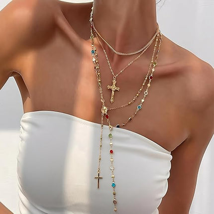 4PCS Layered Gold Cross Necklace Set Women Bohemian Pearl Y Long Necklace