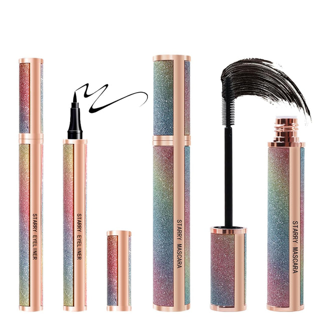 4D Silk Fiber Mascara & Waterproof Eyeliner Set Long Lasting Black Makeup