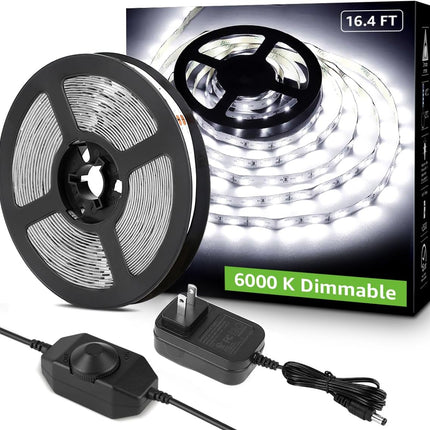 16.4ft White LED Strip Lights 6000K 300 LEDs Dimmable 3M Adhesive LED Tape