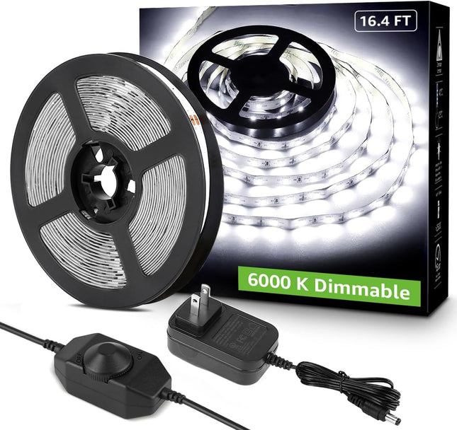 16.4ft White LED Strip Lights 6000K 300 LEDs Dimmable 3M Adhesive LED Tape
