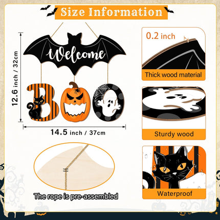 Halloween BOO Door Sign, Wooden Bat Ghost Pumpkin Black Cat Hanging Door Hanger