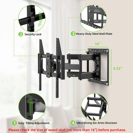 Full Motion TV Wall Mount for 42–86" TVs, Dual Arm Tilt Swivel, 132lbs Max