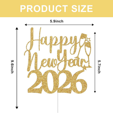 Gold Glitter Happy New Year 2026 Cake Topper NYE Party Decorations