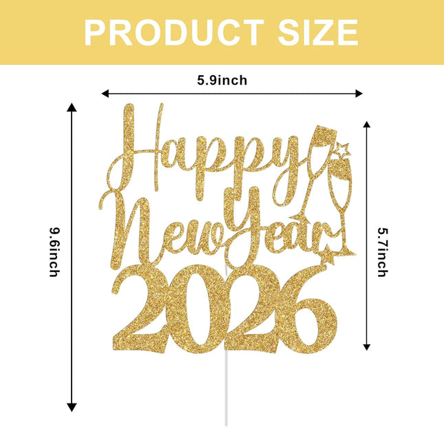 Gold Glitter Happy New Year 2026 Cake Topper NYE Party Decorations